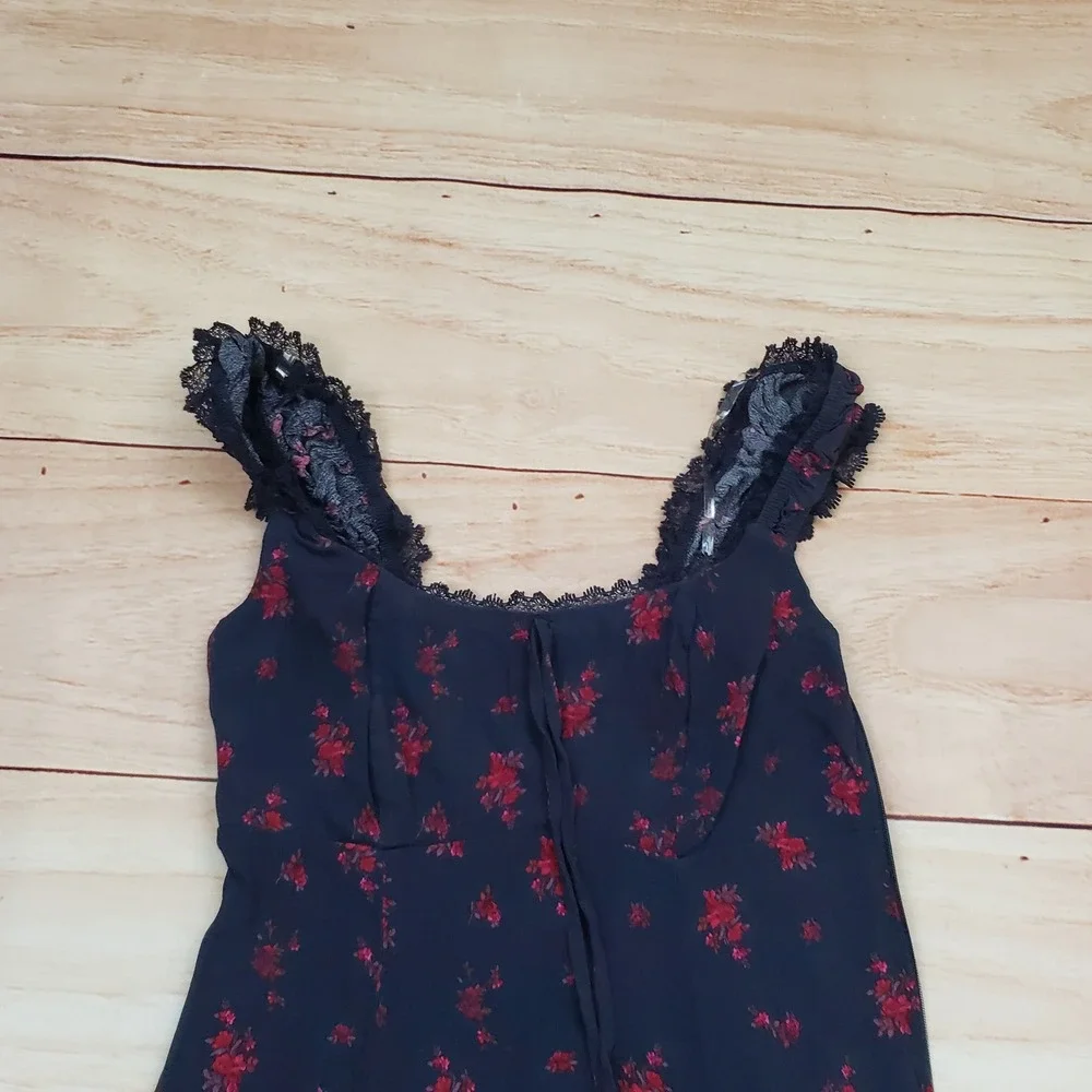 Wild Fable Dress Girls XS Black Red Floral Lace Trim Mini Dress Square Neck Rose